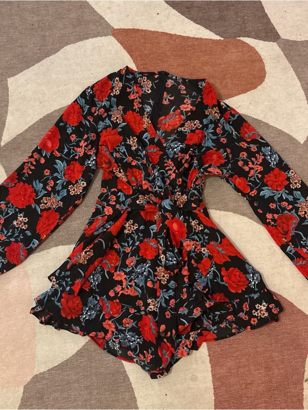 Source Unknown Black Floral Wrap Romper with Red Roses